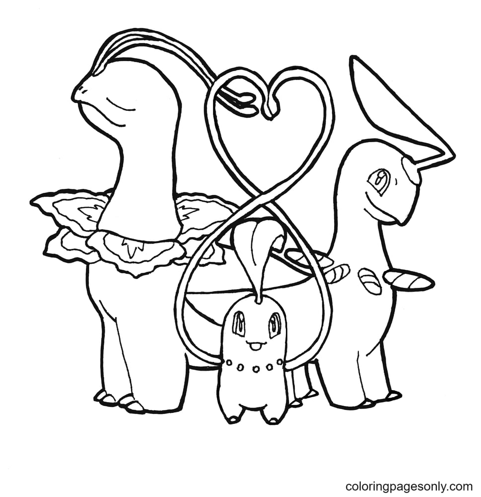 Un dibujo para colorear de Chikorita y sus evoluciones