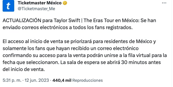 Ticketmaster anunció que se envió un correo a todos los fans registrados