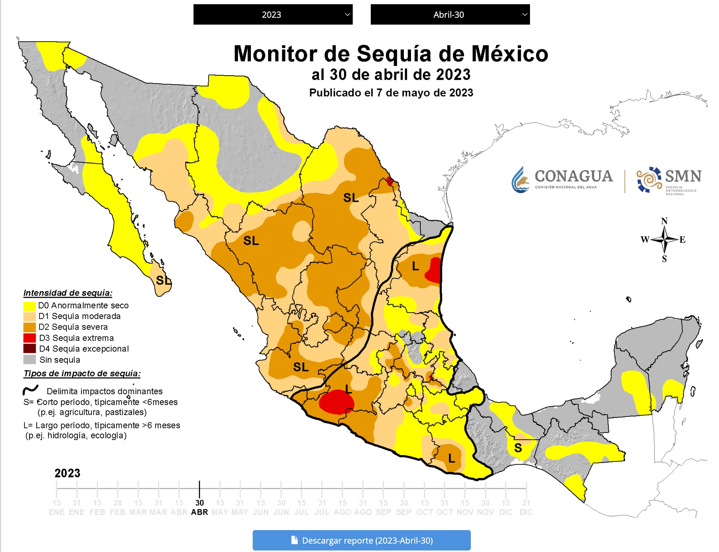 Monitor de Sequía de México registrado el 30 de abril de 2023