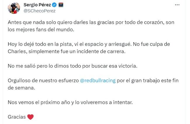 Checo Pérez compartió un emotivo mensaje para agradecer a sus fans por el apoyo en el Gran Premio de México.