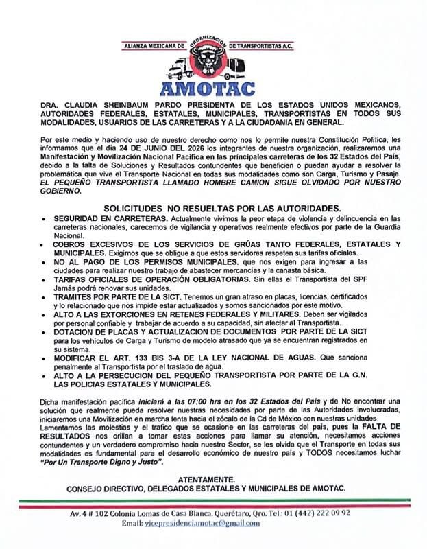 Comunicado de AMOTAC sobre paro del de 24 de junio de 2026.