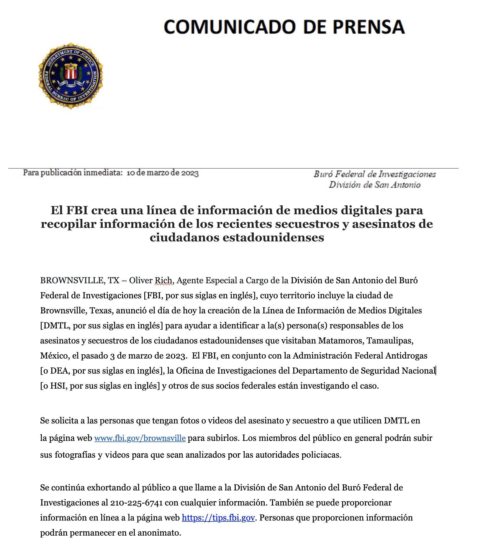 FBI va con todo contra responsables del secuestro de estadounidenses en Matamoros