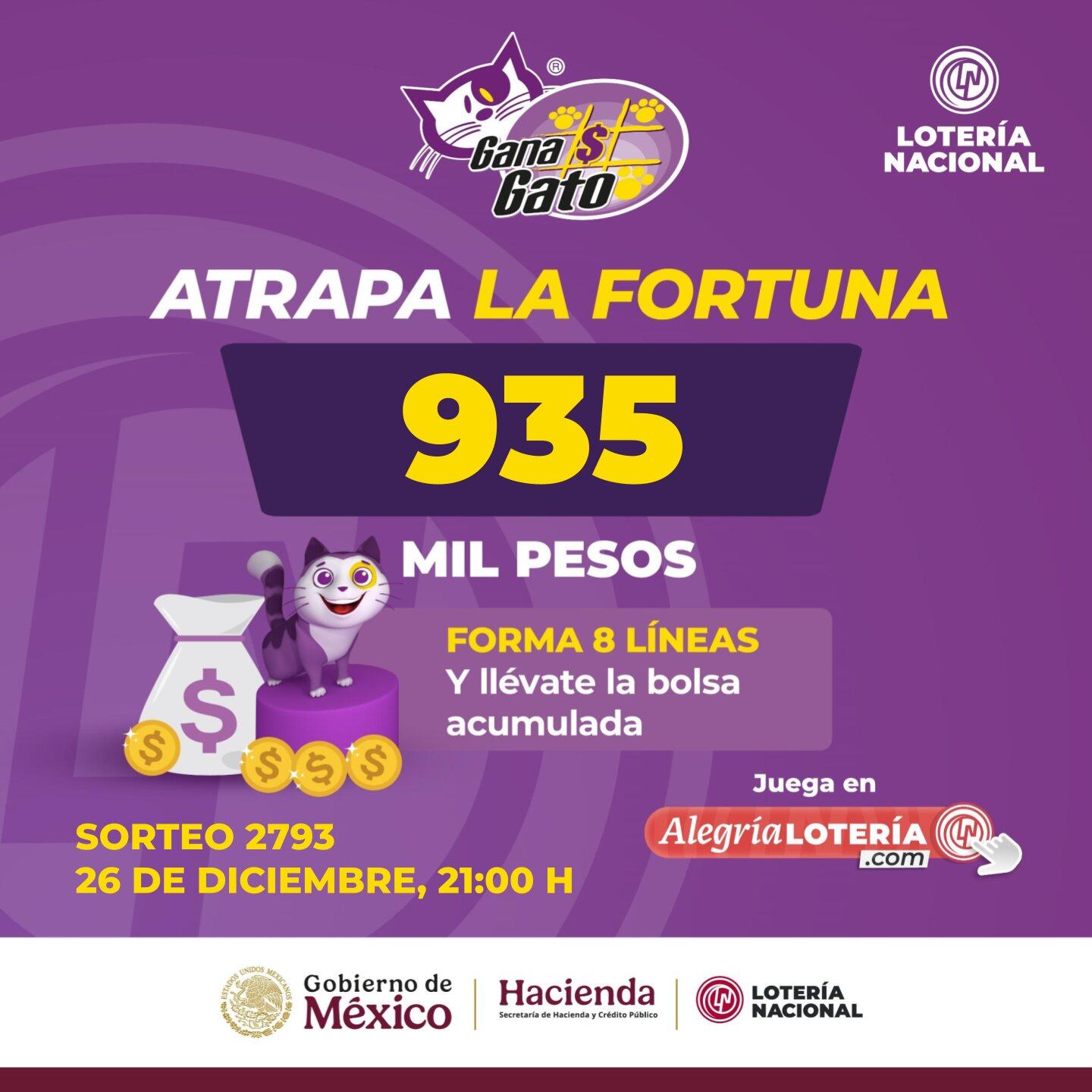 Resultados Sorteo Gana Gato 2793 de Lotería Nacional: Estos son los números ganadores