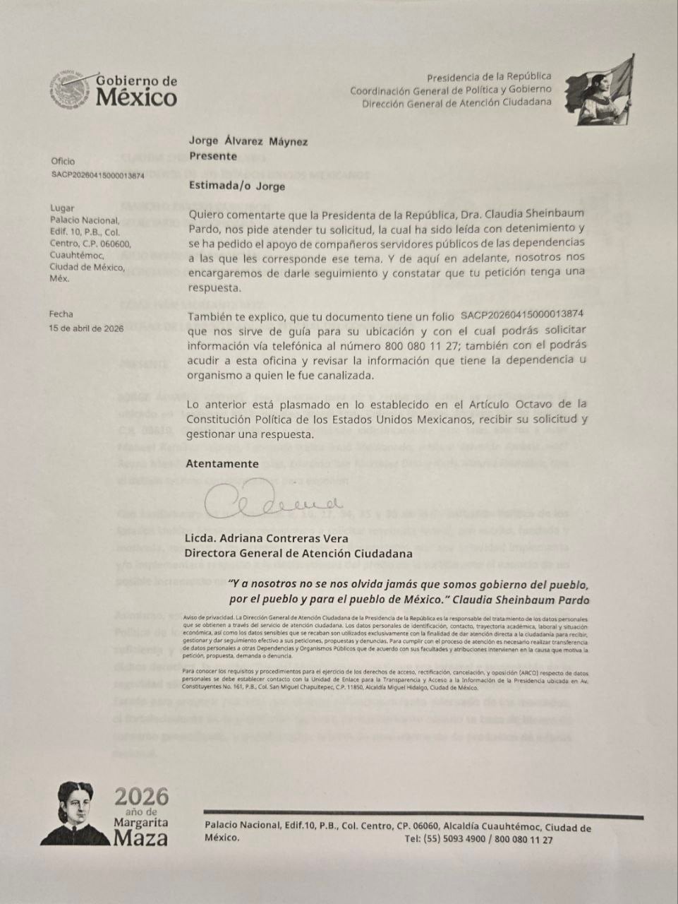 Claudia Sheinbaum atenderá petición de Jorge Álvarez Maynez.