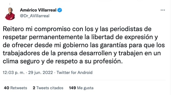 Américo Villarreal reiteró con los periodistas para que se respete la libertad de expresión