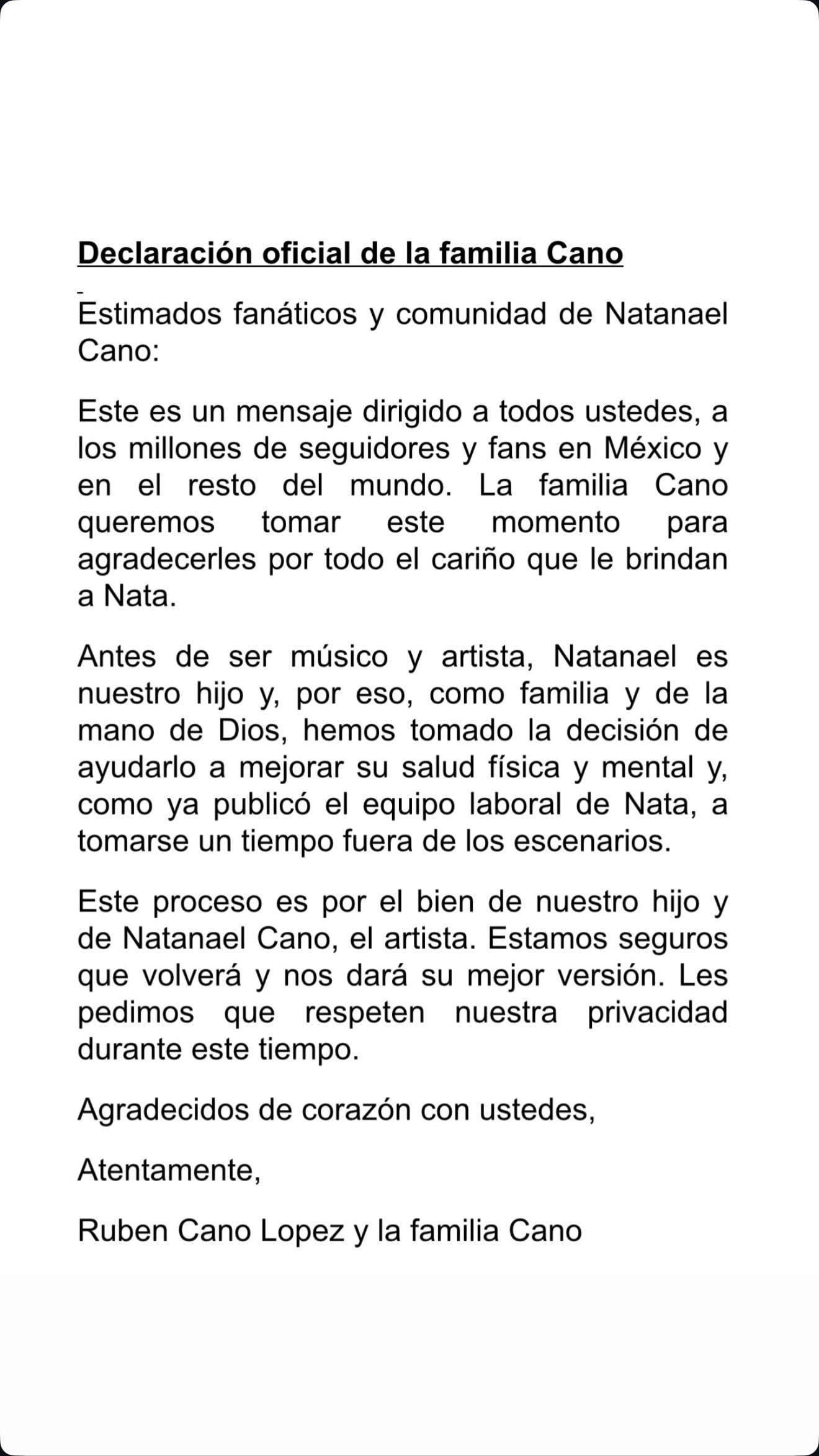 “Es por el bien de nuestro hijo”: el mensaje de la familia de Natanael Cano sobre su retiro