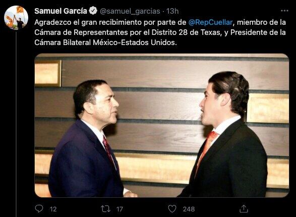 Samuel García: Agradezco el gran recibimiento por parte de  @RepCuellar, miembro de la Cámara de Representantes por el Distrito 28 de Texas, y Presidente de la Cámara Bilateral México-Estados Unidos.