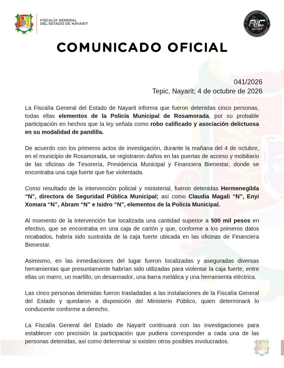 Detienen a directora de Policía Municipal de Nayarit por robo de 500 mil pesos