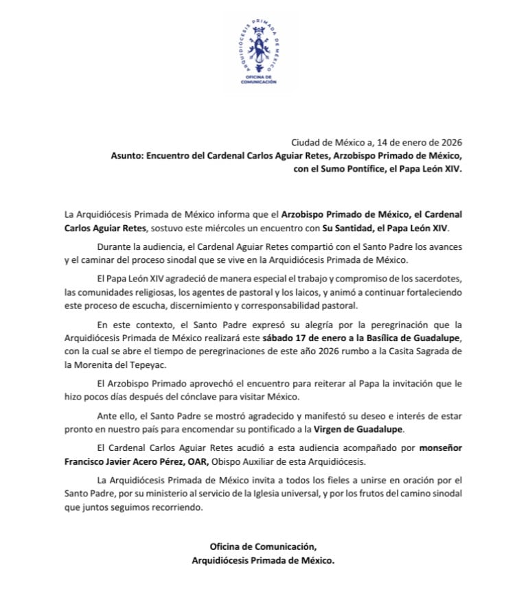 Papa León XIV manifiesta su deseo de viajar a México