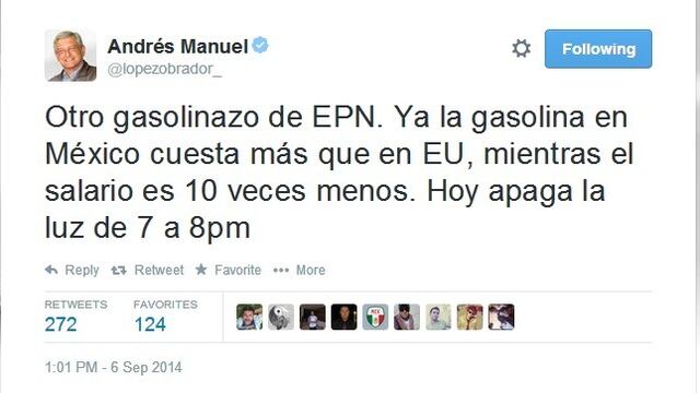 <span>El líder de Morena llamó a apagar la luz este sábado de las 19:00 a las 20:00 horas, en protesta por el incremento al combustible.</span>