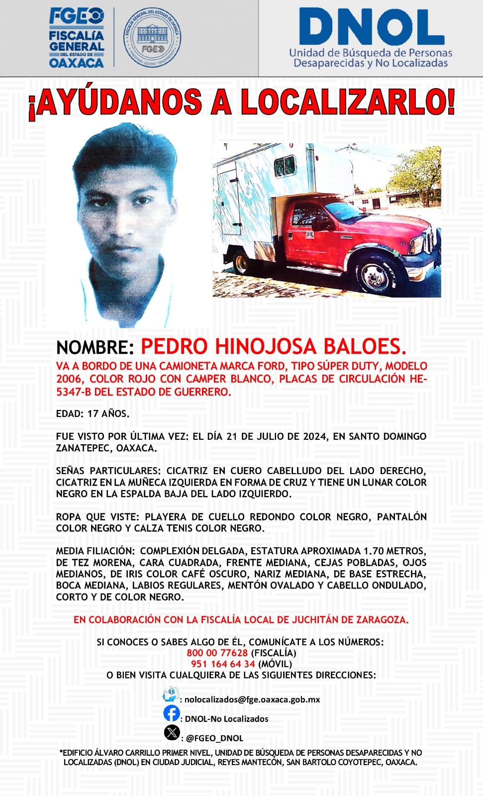 Ficha de búsqueda de los 5 jóvenes indígenas que desaparecieron en el Istmo de Tehuantepec