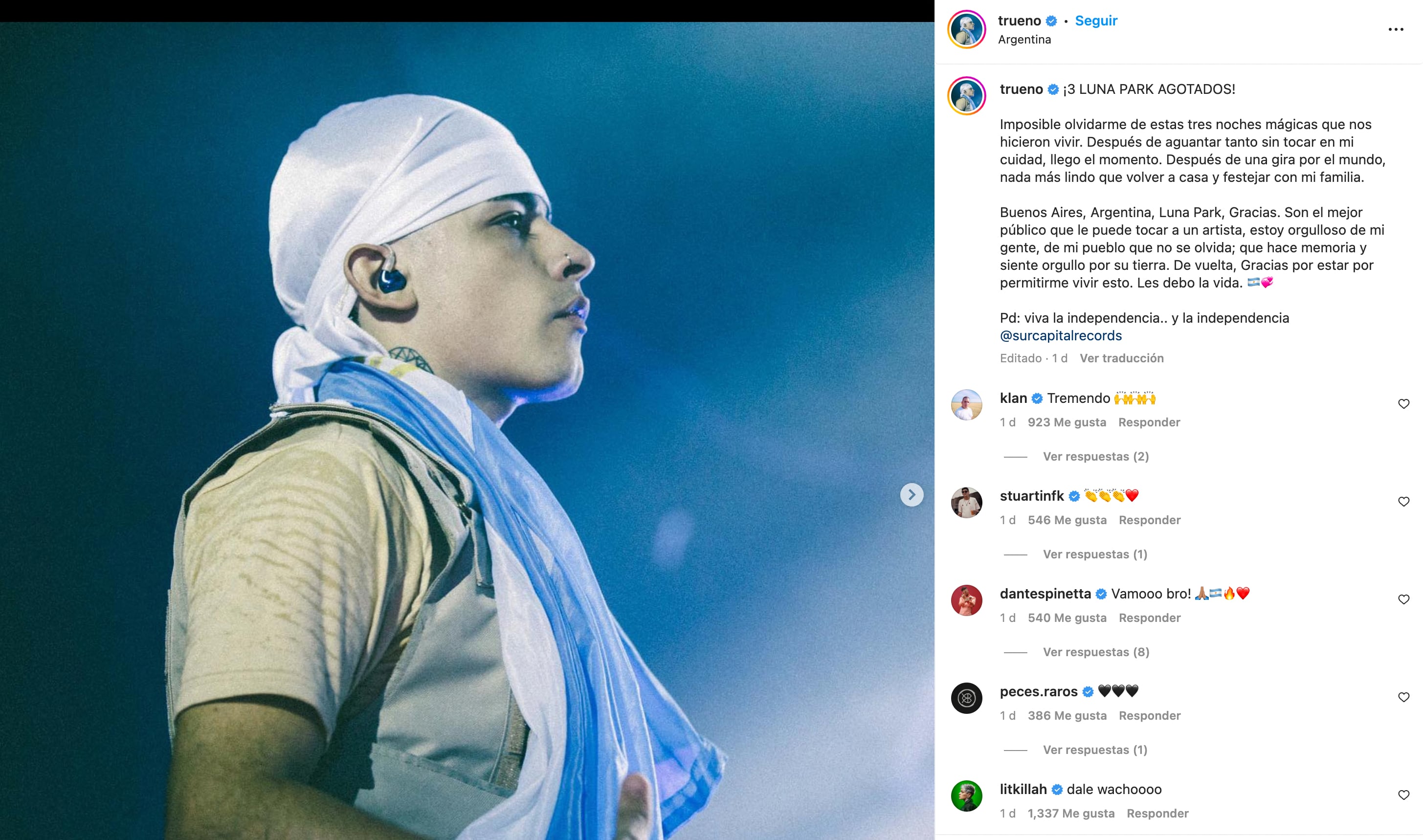 Trueno agradeciendo por los shows agotados