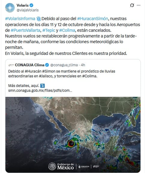 Volaris cancela vuelos por el huracán Simón.
