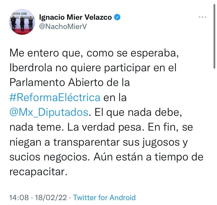 Ignacio Mier sobre participación de Iberdrola en parlamento abierto