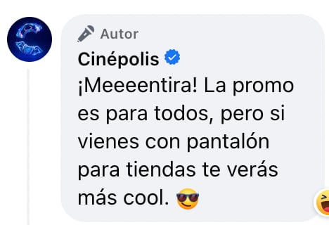 Promoción Cinépolis pantalones para tienda