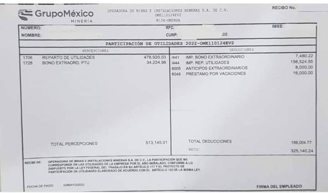 Recibo de pago de utilidades en Grupo México