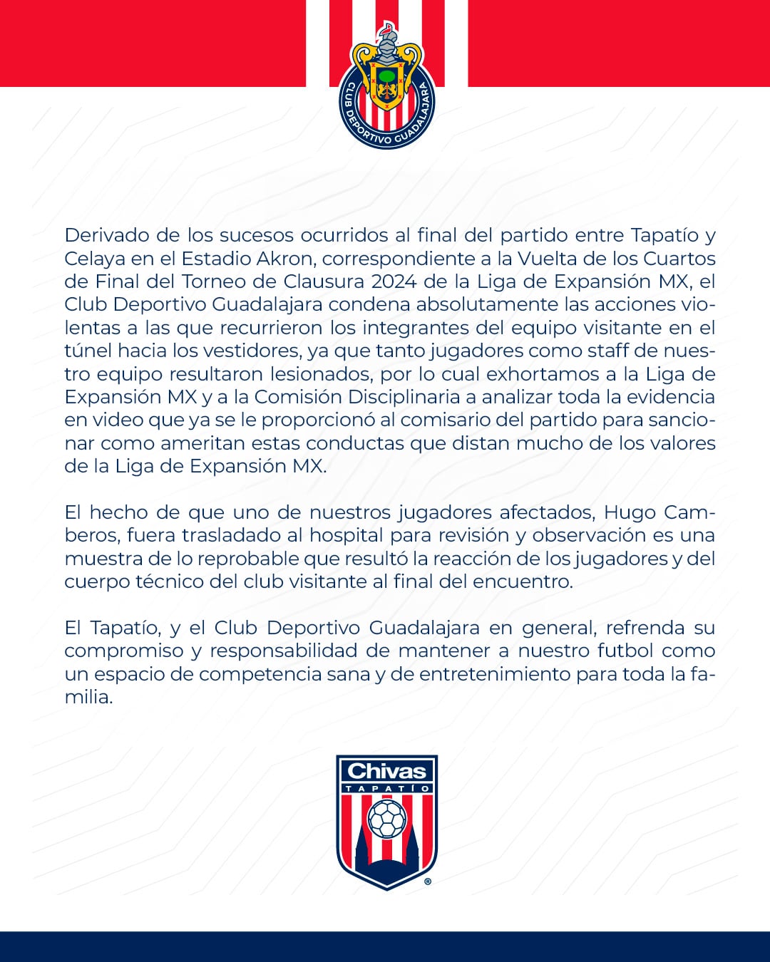 Comunicado de Club Tapatío sobre la violencia en el partido ante Club Celaya.