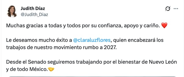 Judith Díaz desea éxito a Clara Luz Flores