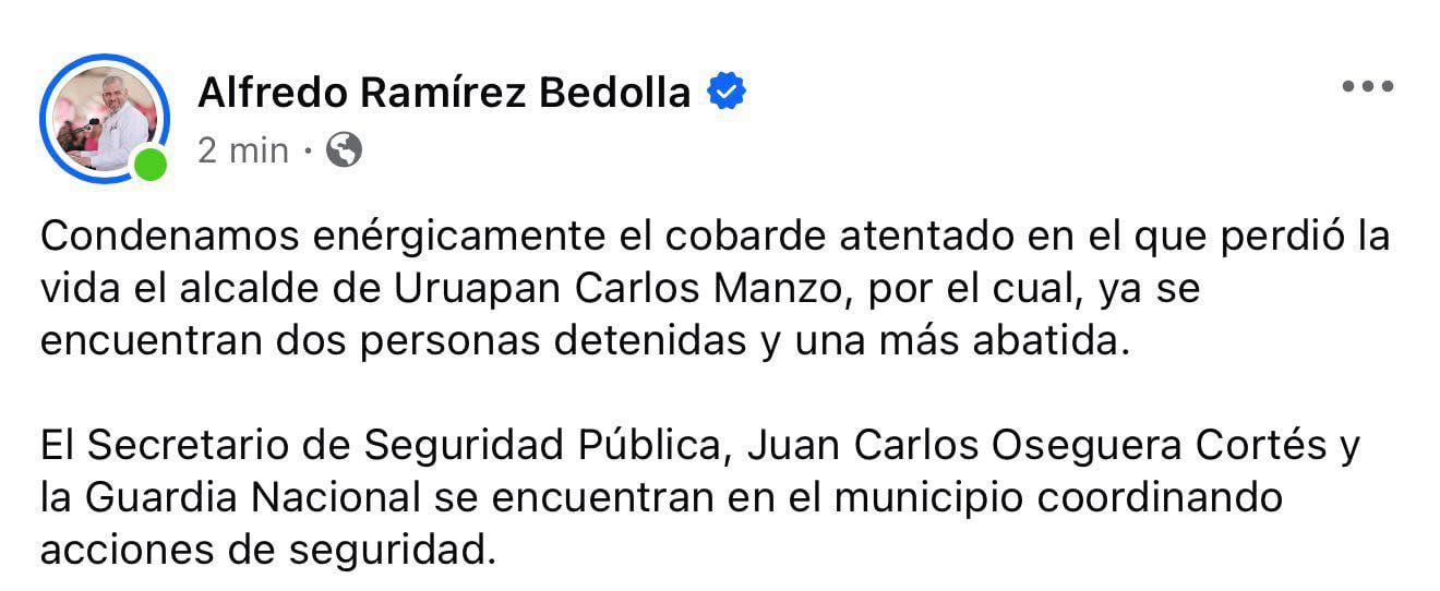 Gobernador de Michoacán confirma asesinato de Carlos Manzo, alcalde de Uruapan