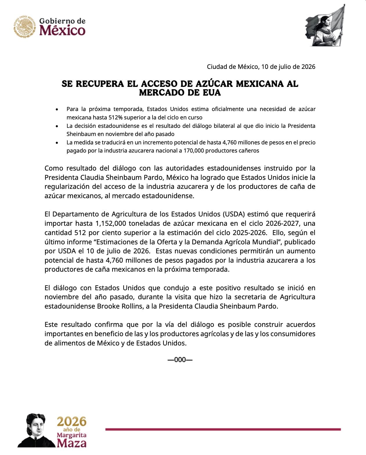 Comunicado sobre aumento en la importación de azúcar mexicana a Estados Unidos.