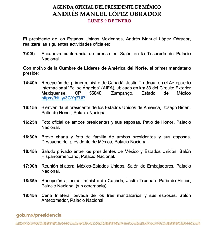 Agenda de AMLO del 9 de enero de 2023