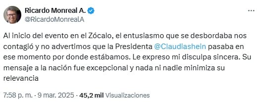 Manuel Velasco, Ricardo Monreal y Adán Augusto López piden disculpas a Claudia Sheinbaum por este incómodo momento en el Zócalo CDMX