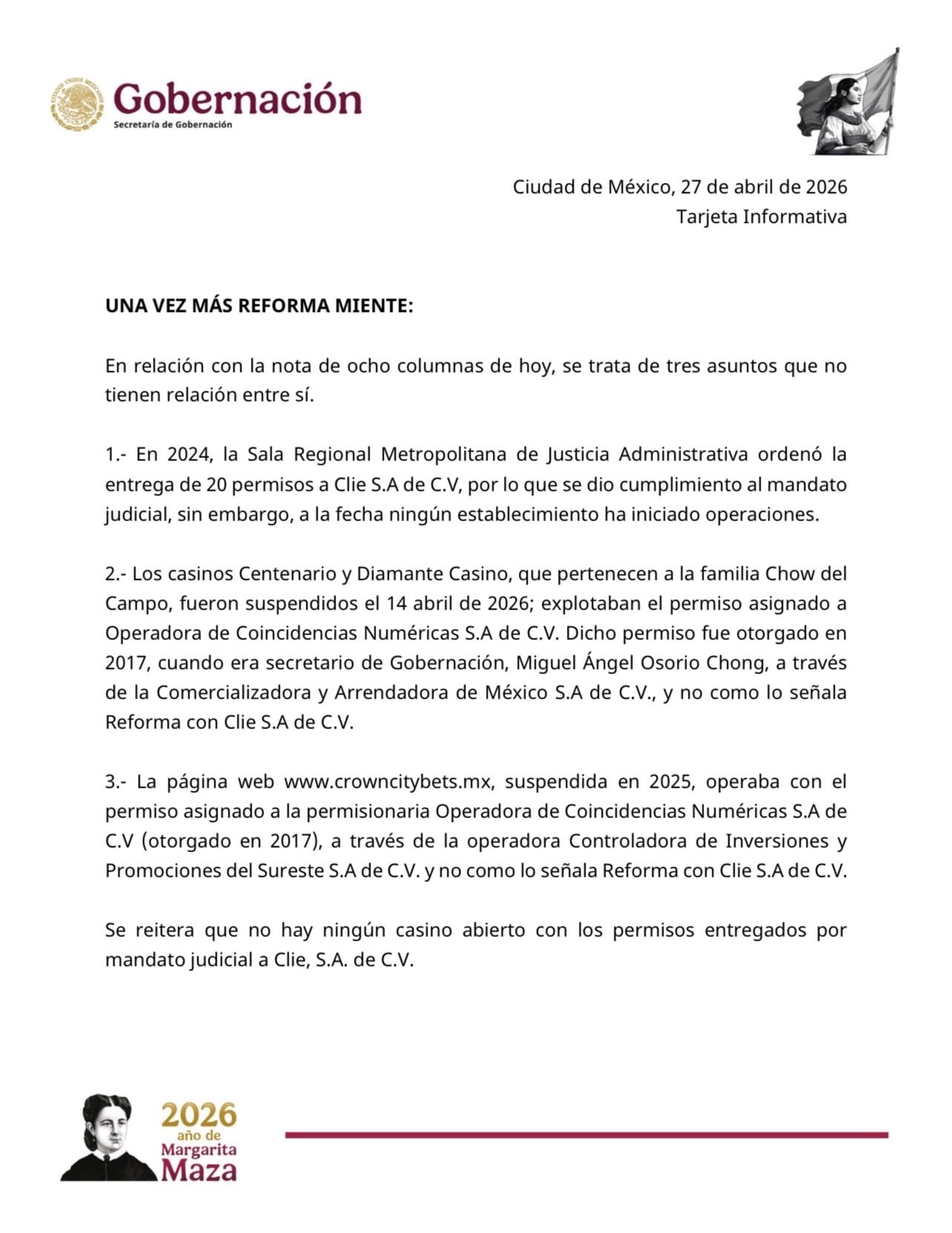Segob responde a Reforma que permisos a casinos fueron por orden judicial