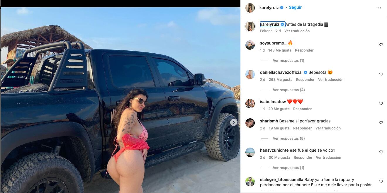 Karely Ruiz mostró fotografías de antes de que volcara su camioneta