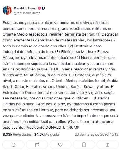 Trump propone detener operaciones en Medio Oriente por objetivos contra Irán