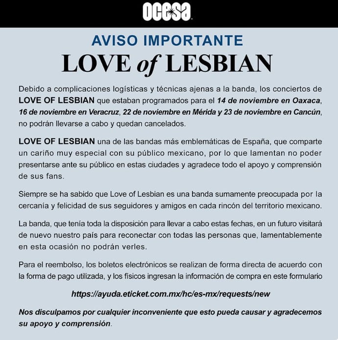 Love of Lesbian cancela 4 conciertos en México