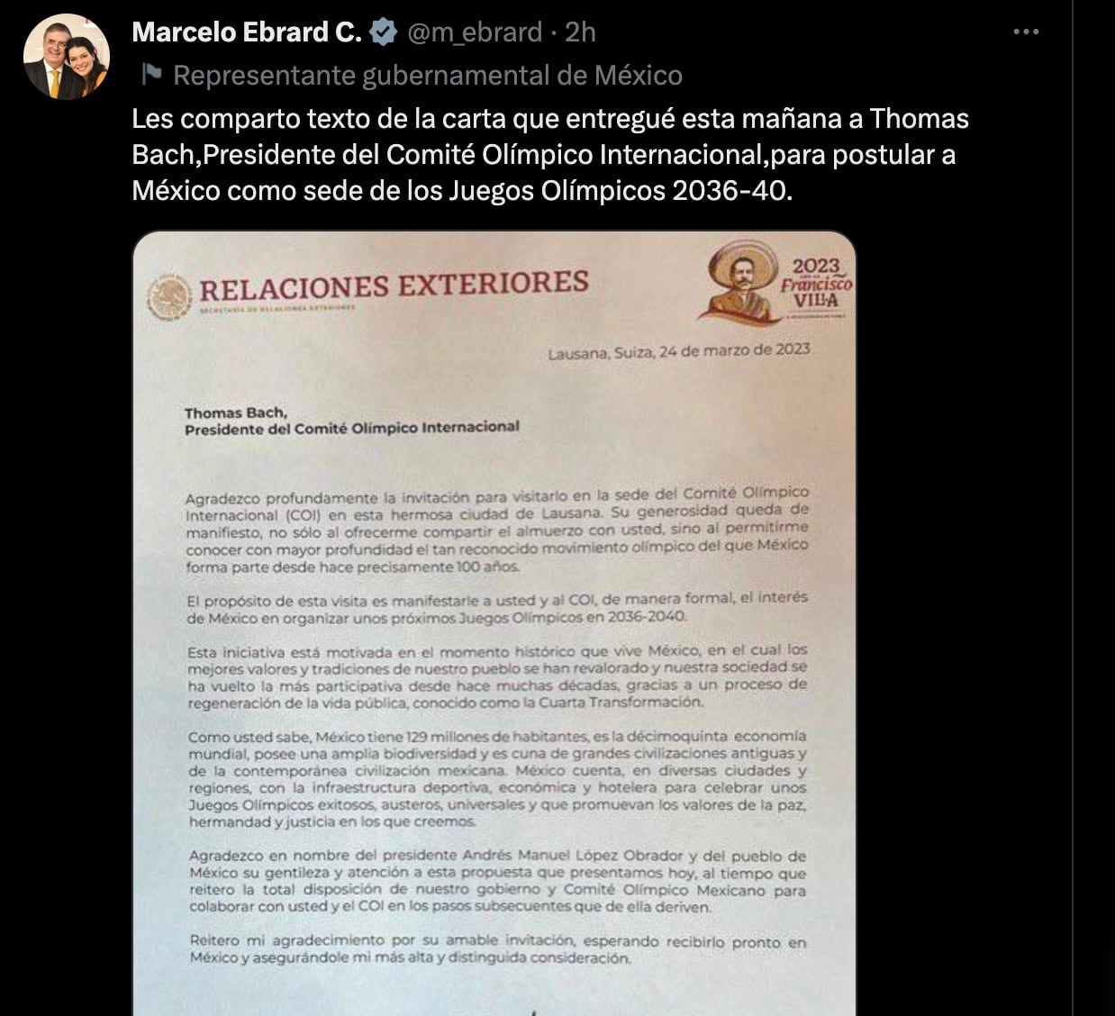 Carta México Juegos Olímpicos 2036-2040