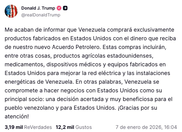Donald Trump sobre el acuerdo petrolero de Estados Unidos con Venezuela