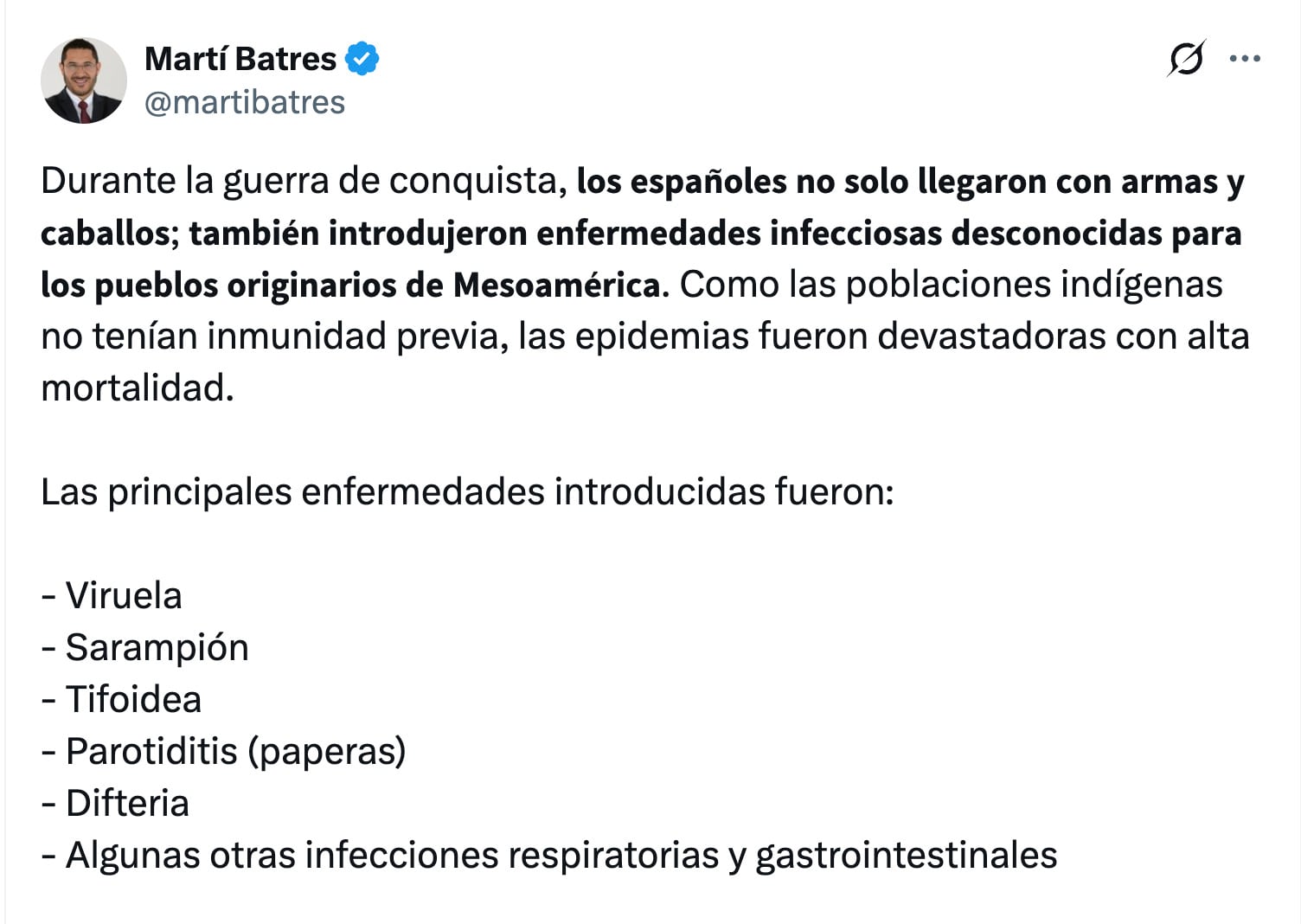 Martí Batres recuerda enfermedades traídas por los españoles