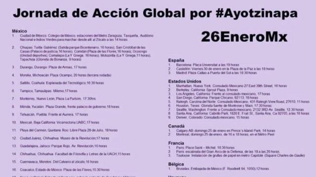 Habrán movilizaciones en 8 países por Ayotzinapa este 26 de enero