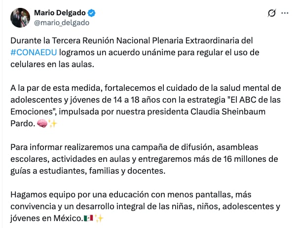 Mario Delgado anuncia acuerdo para regular uso de celulares en escuelas