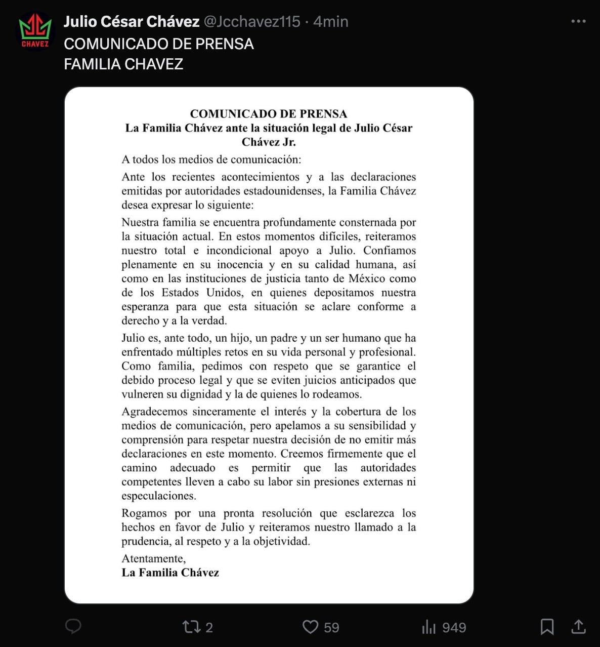 La Familia Chávez emitió un contundente comunicado en el que muestran su confianza en la inocencia de Julio César Chávez Jr. tras su detención en Estados Unidos.