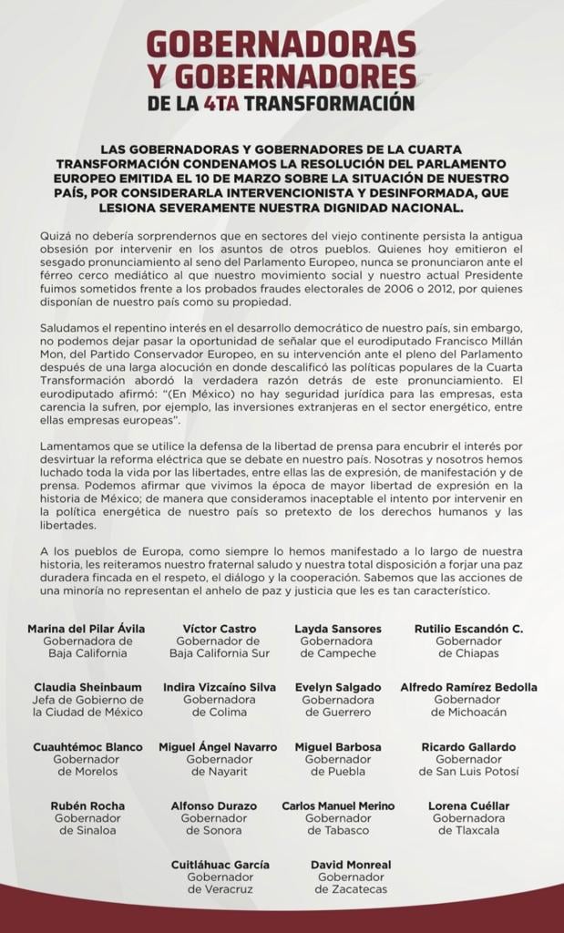 4T condenan resolución del Parlamento Europeo