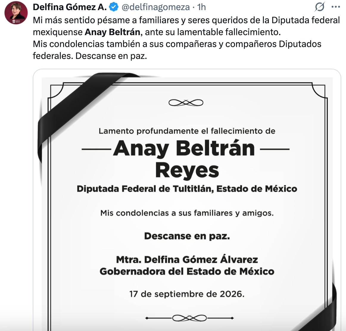 Reacciones a la muerte de Anay Beltrán Reyes, diputada de Morena