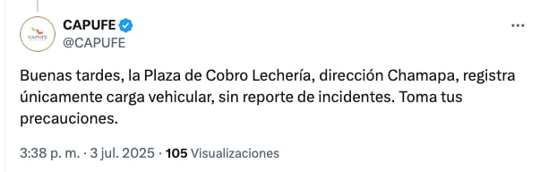 Capufe informa afectaciones por tramo Chamapa-Lechería