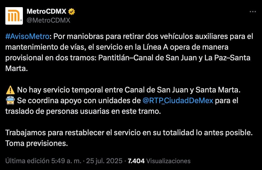 Línea A del Metro CDMX opera con 4 estaciones sin servicio hoy 25 de julio