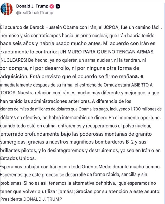 Trump anuncia acuerdo de paz con Irán
