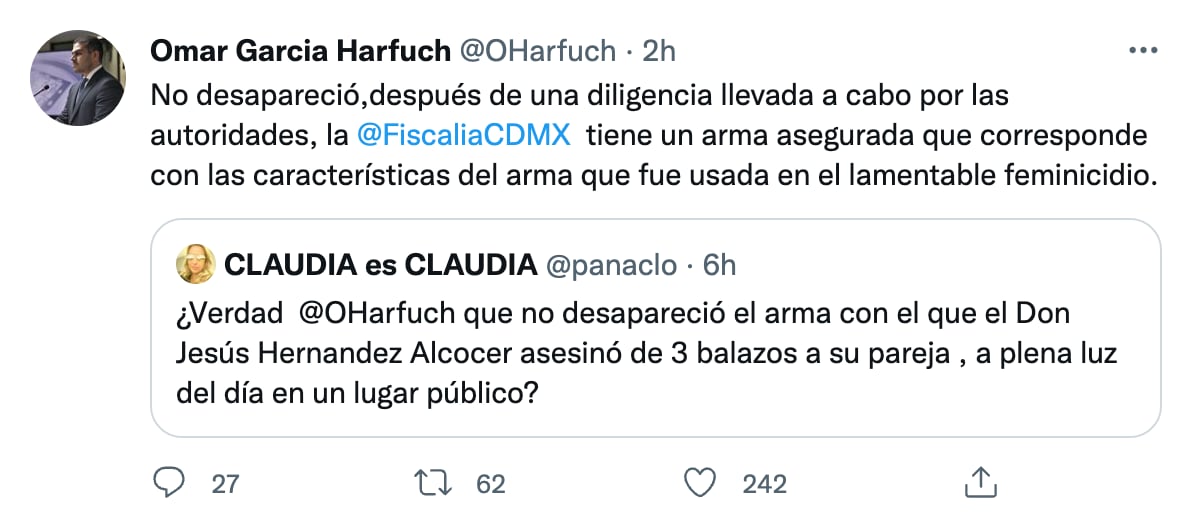Omar García Harfuch informa de arma asegurada, usada por Jesús Hernández Alcocer