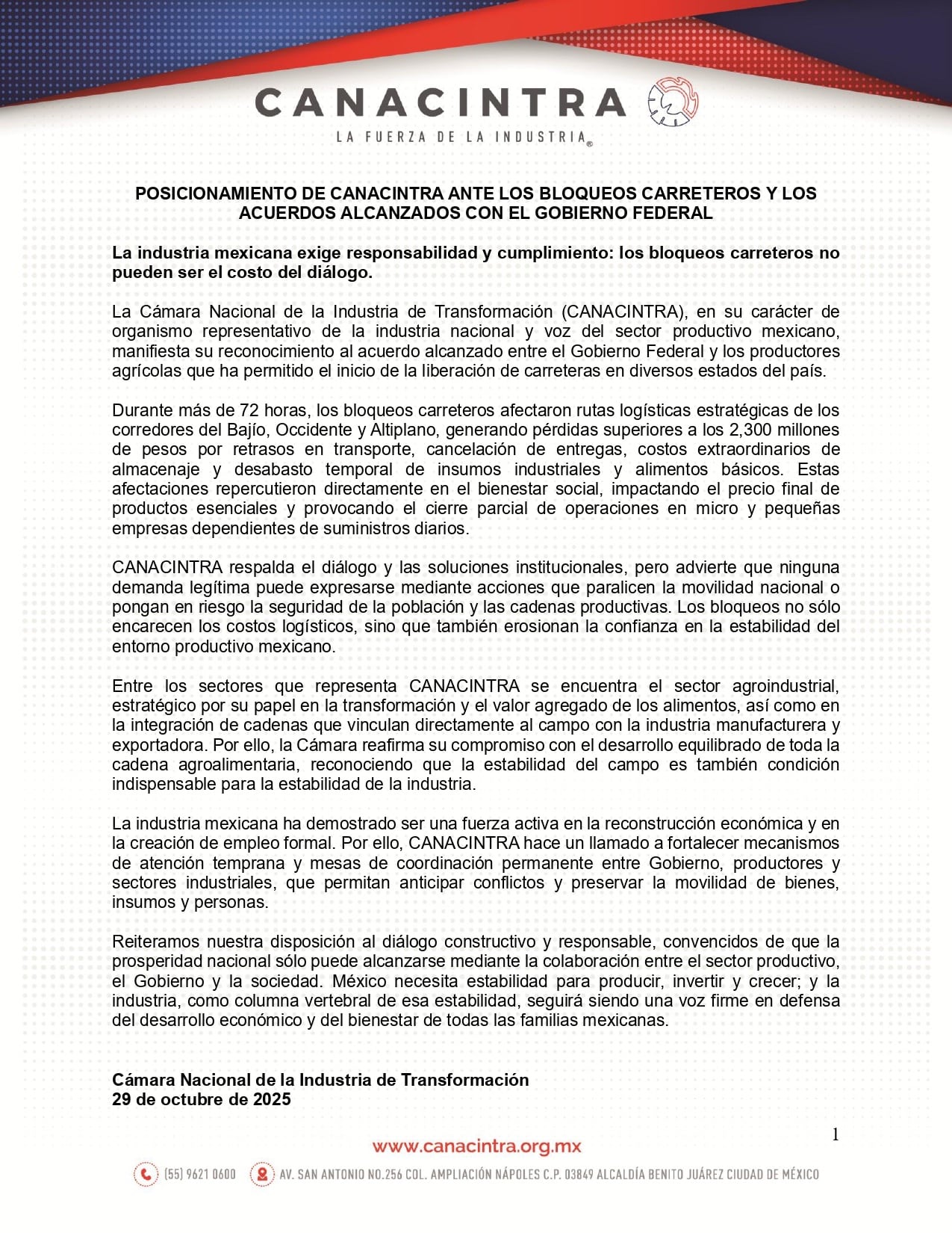 Canacintra reporta pérdidas de 2,300 millones de pesos por bloqueos de agricultores