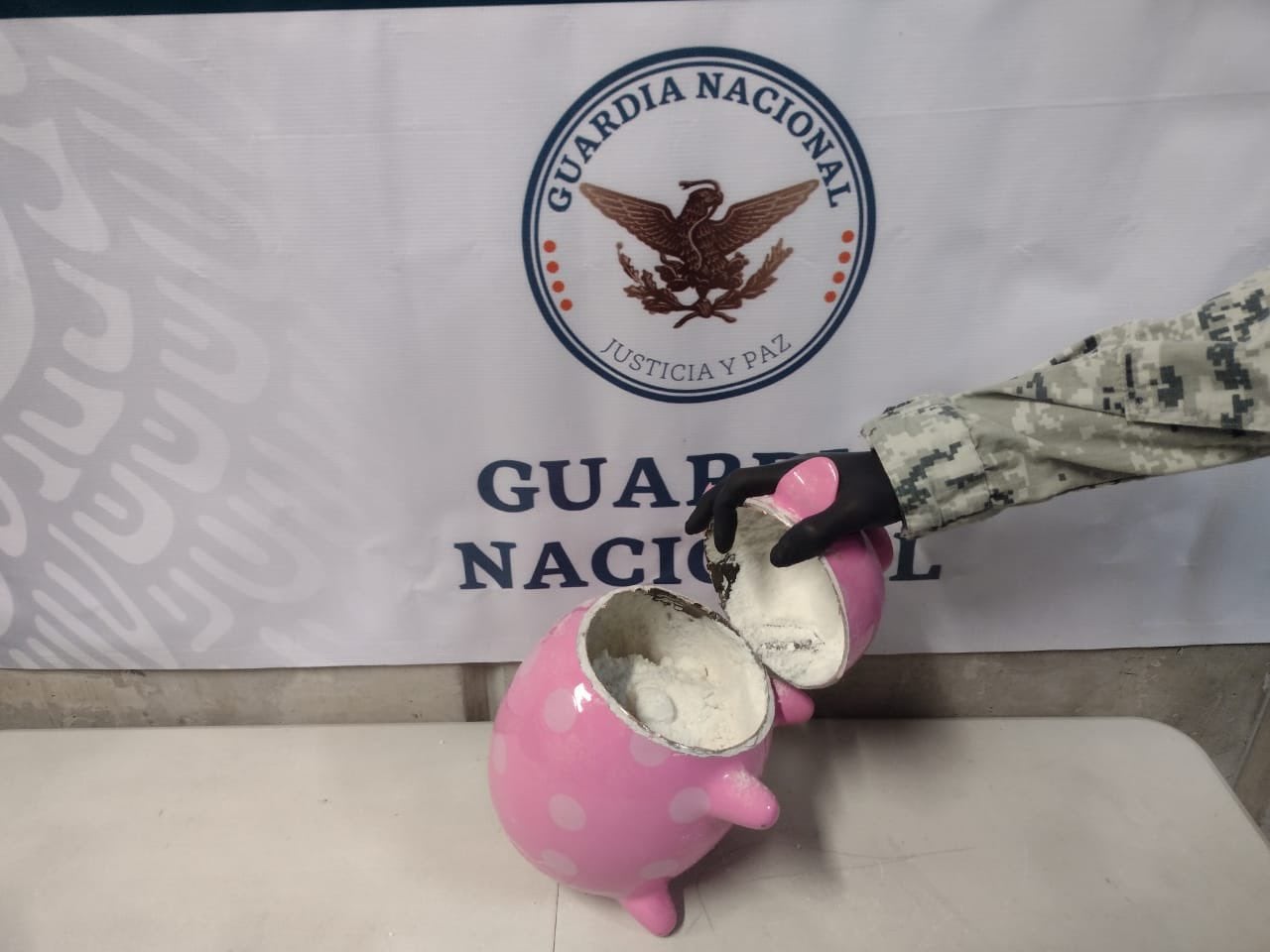 Binomios caninos de la Guardia Nacional encuentran droga dentro de una figura de cerdito