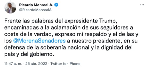 Ricardo Monreal defiende a AMLO de Donald Trump/Twitter