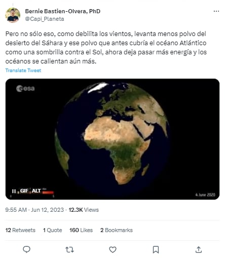 Tuit de Bernie Bastien-Olvera explicando por qué hay tanto calor
