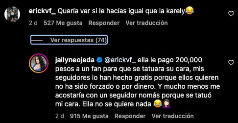 Jailyne Ojeda cree que Karely Ruiz no se quiere nada por dar dinero a sus fans a cambio de que se tatúen su rostro
