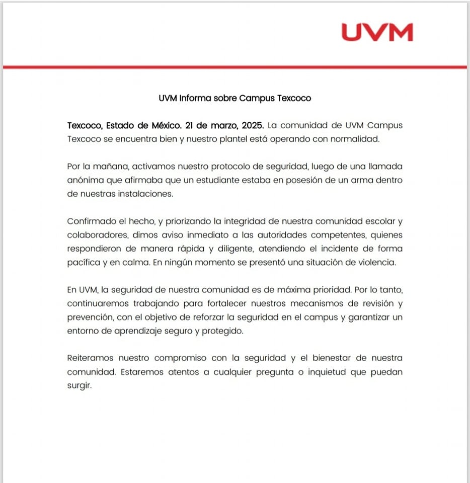 UVM Texcoco: detienen a estudiante por entrar con arma de fuego;