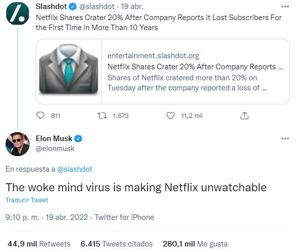 Twitter de Elon Musk hablando de la "cultura woke" y Netflix