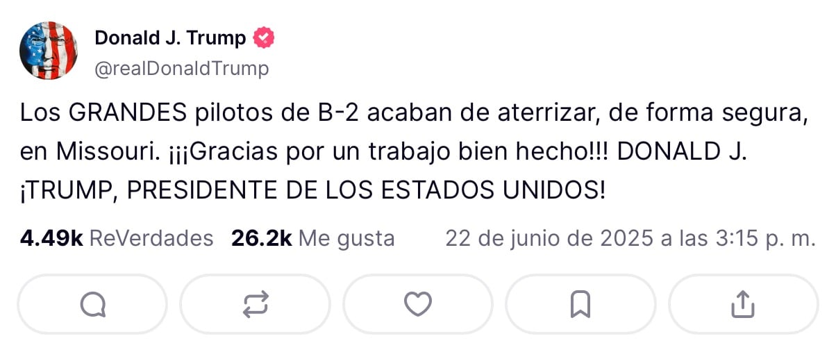 Publicación de Donald Trump sobre pilotos que participaron en ataque a Irán